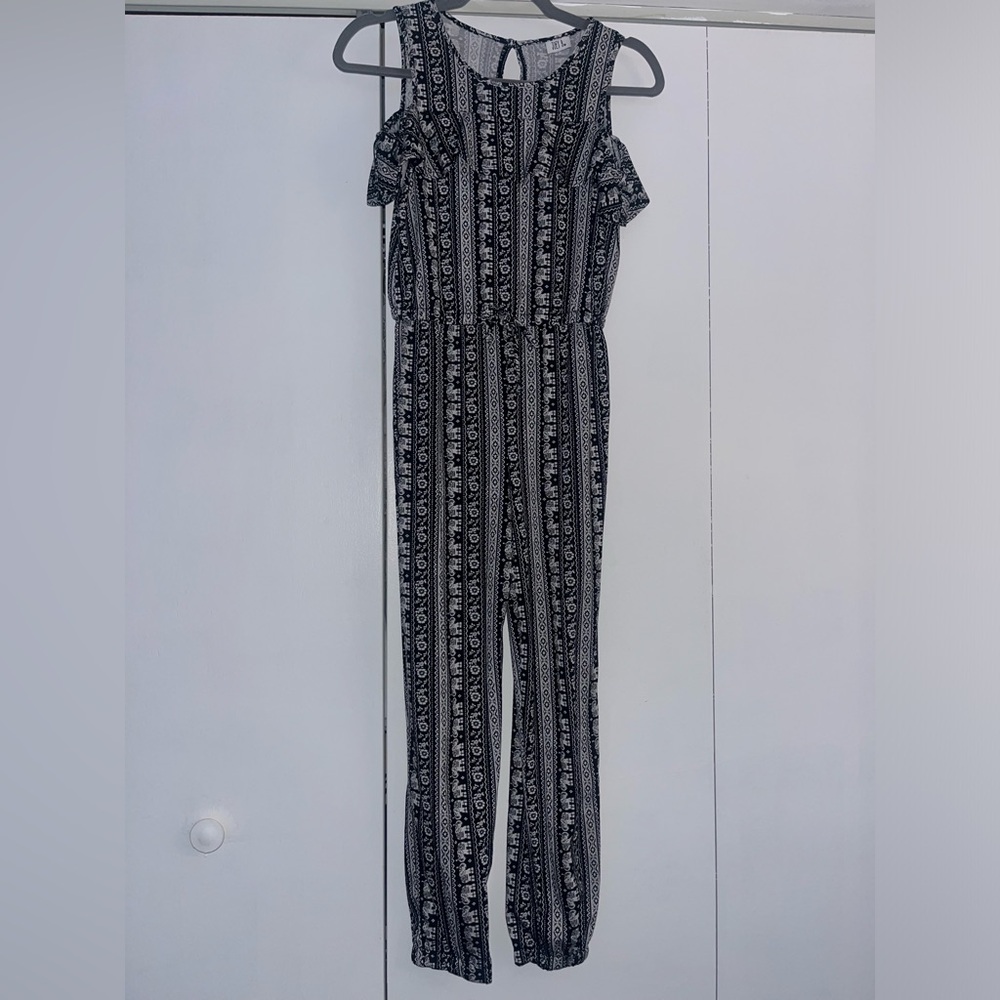 Joey B Junior Girl Cold-Shoulder Ruffle Elephant Print Black Jumpsuit Large NWT